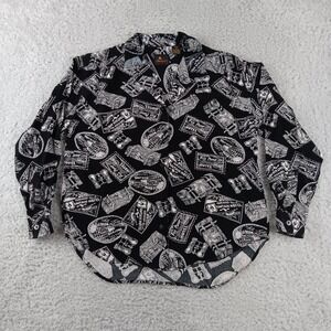 Lizsport Button Down Shirt Women Petite S Black Excellent Travel Stamp Print 90s